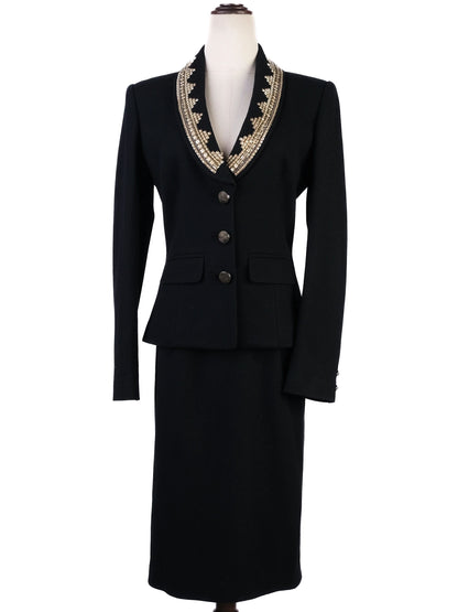 Excellent Class Roberto Cavalli Black Wool Skirt Suit with Beaded Collar