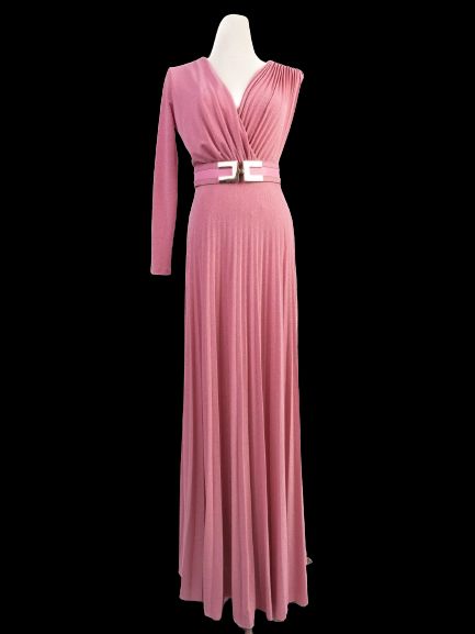 Excellent Elisabetta Franchi Pink Evening Gown with V-Neck &amp; Asymmetric Sleeves
