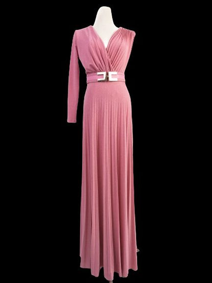 Excellent Elisabetta Franchi Pink Evening Gown with V-Neck &amp; Asymmetric Sleeves