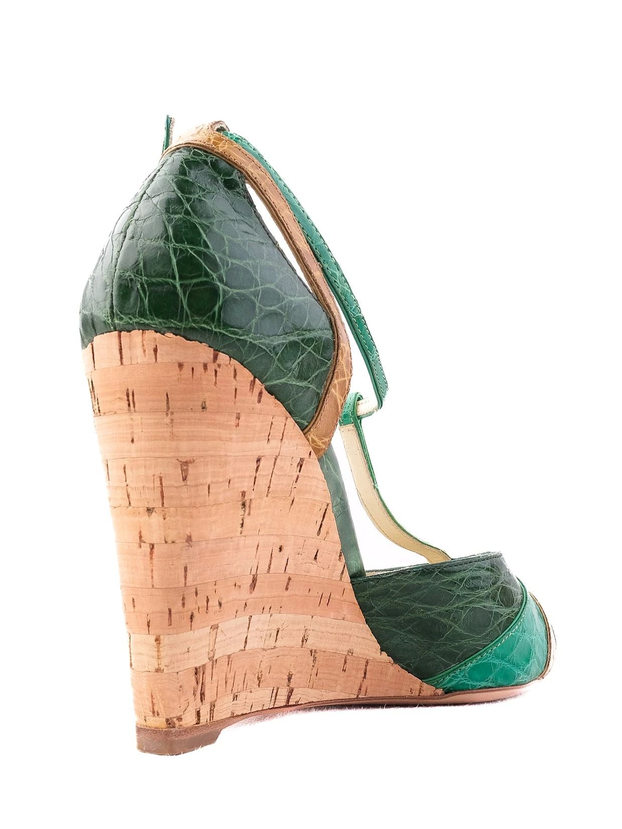 Excellent Prada Green Leather Wedge-heeled Sandals Size 38