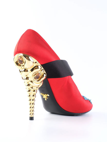 Excellent Prada High-Heeled Shoes Red Fabric Size N/A with Gold Heel