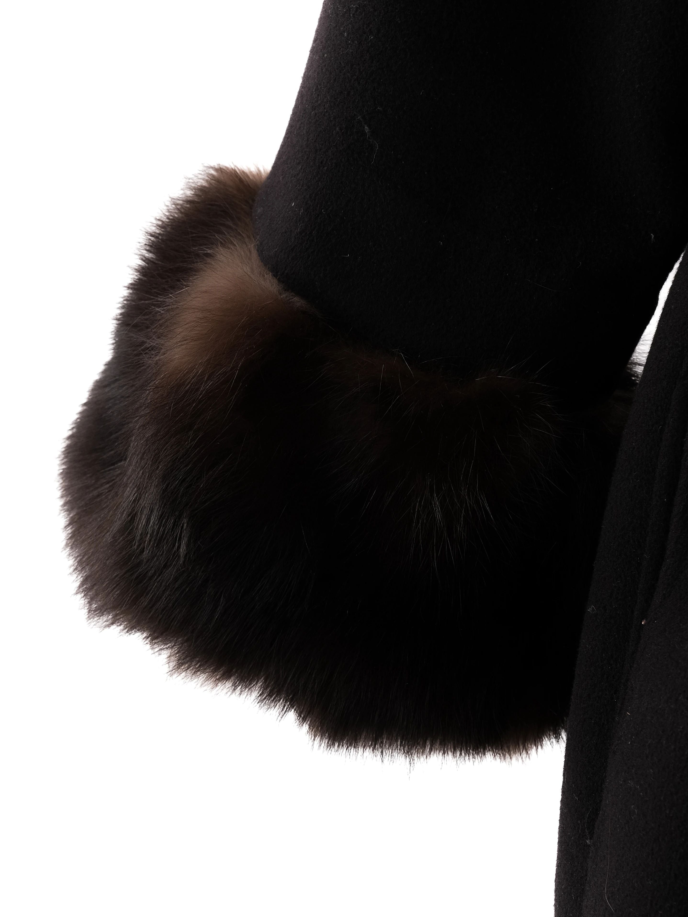 Perfect Black Cashmere Wool Coat with Fur Trim Size M