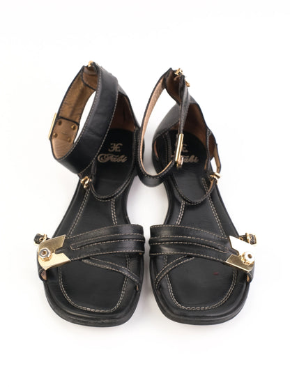 Excellent Fabi Black Leather Sandals Size 38 with Gold Accents