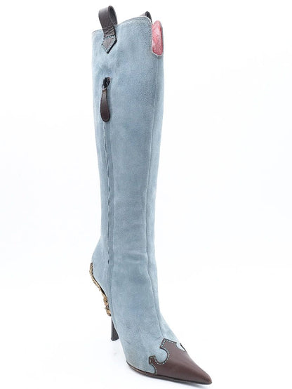 Excellent Vicini Blue Leather High-Heeled Boots with Eagle Design, Size 38