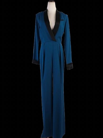 Excellent Rachel Zoe Teal Jumpsuit XS with Black Lapels &amp; Cuffs
