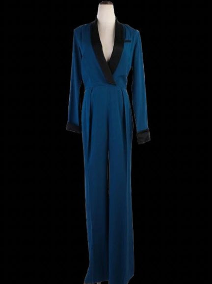 Excellent Rachel Zoe Teal Jumpsuit XS with Black Lapels &amp; Cuffs
