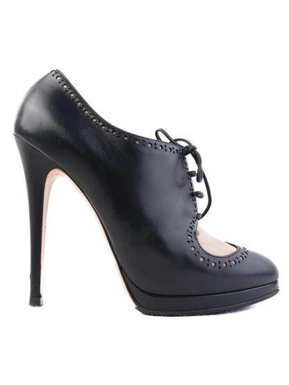 Good Condition Casadei Black Leather High-Heeled Oxford Shoes Size 38.5