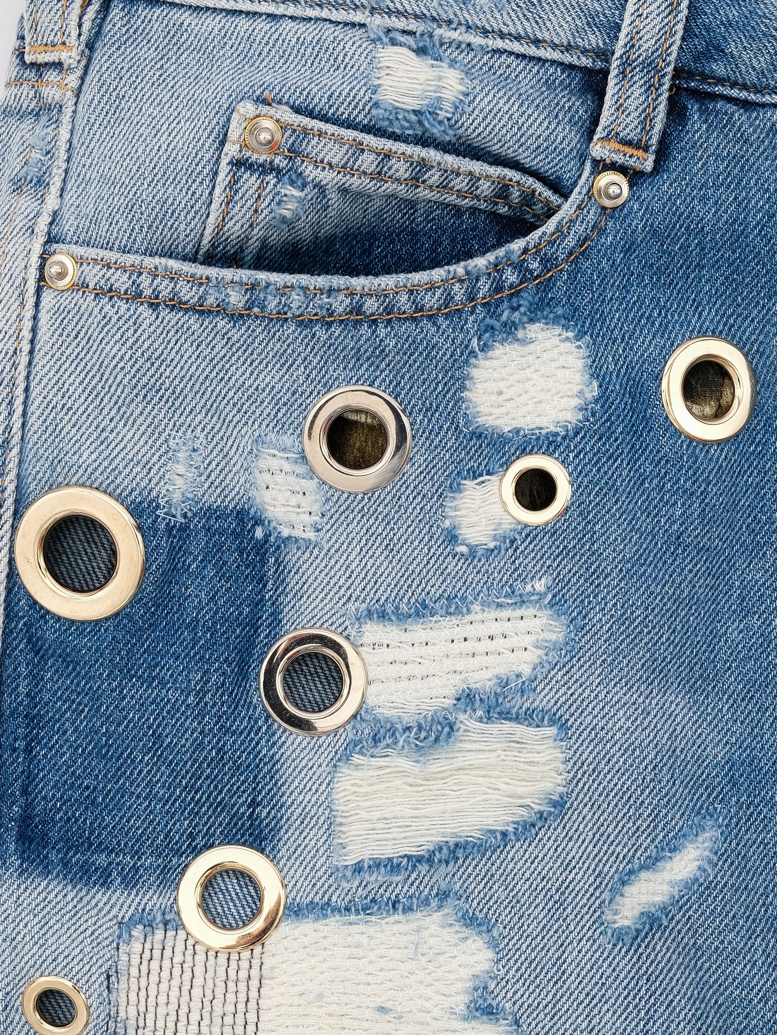 Roberto Cavalli Blue Cotton Denim Skirt with Distressed Design Size M