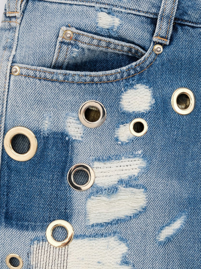 Roberto Cavalli Blue Cotton Denim Skirt with Distressed Design Size M