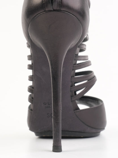 Excellent Gucci Black Leather High-Heeled Peep-Toe Booties Size 36.5