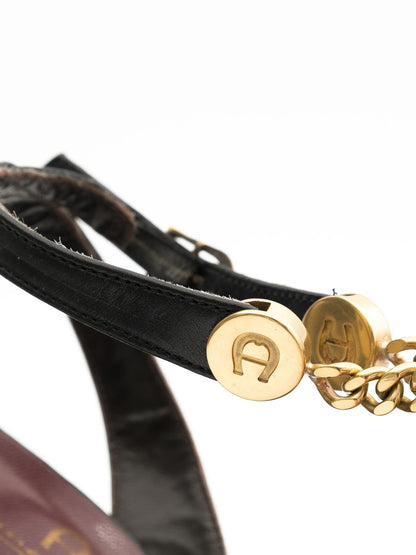 NEW Aigner Black High-Heeled Sandals Leather Size 38 with Gold Details