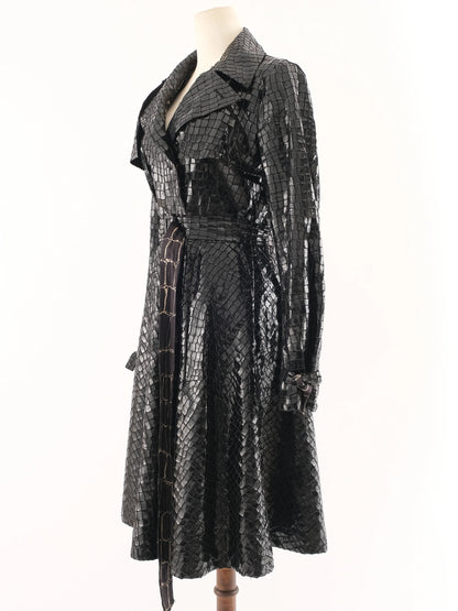 Excellent Armani Collezioni Black Crocodile-Patterned Trench Coat L