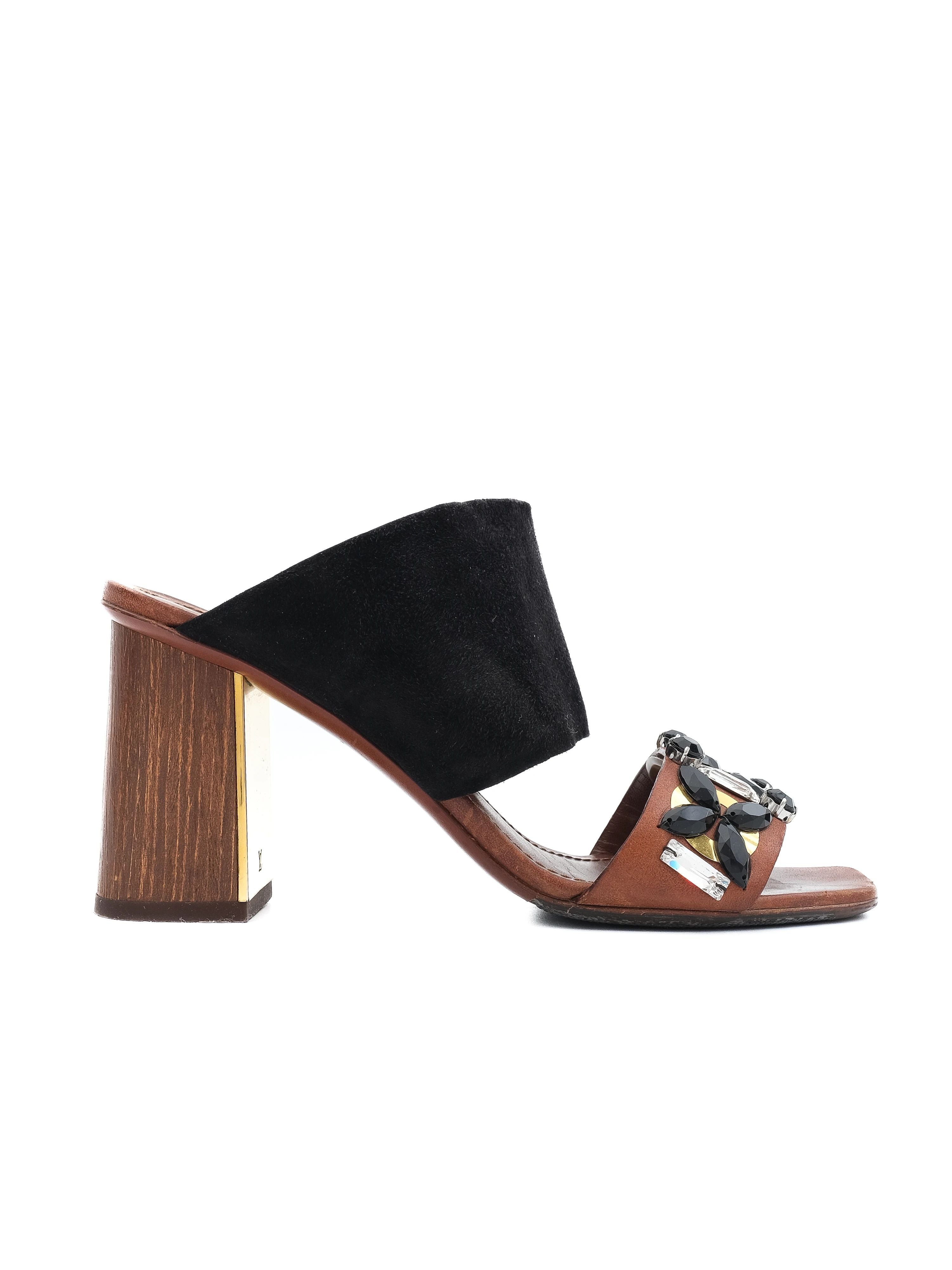 Excellent Louis Vuitton Black Suede Block-Heeled Sandals Size 36.5