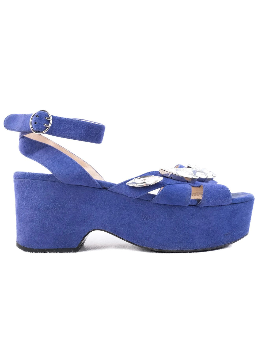 Excellent Prada Blue Platform Sandals Suede Size 40 with Buckle