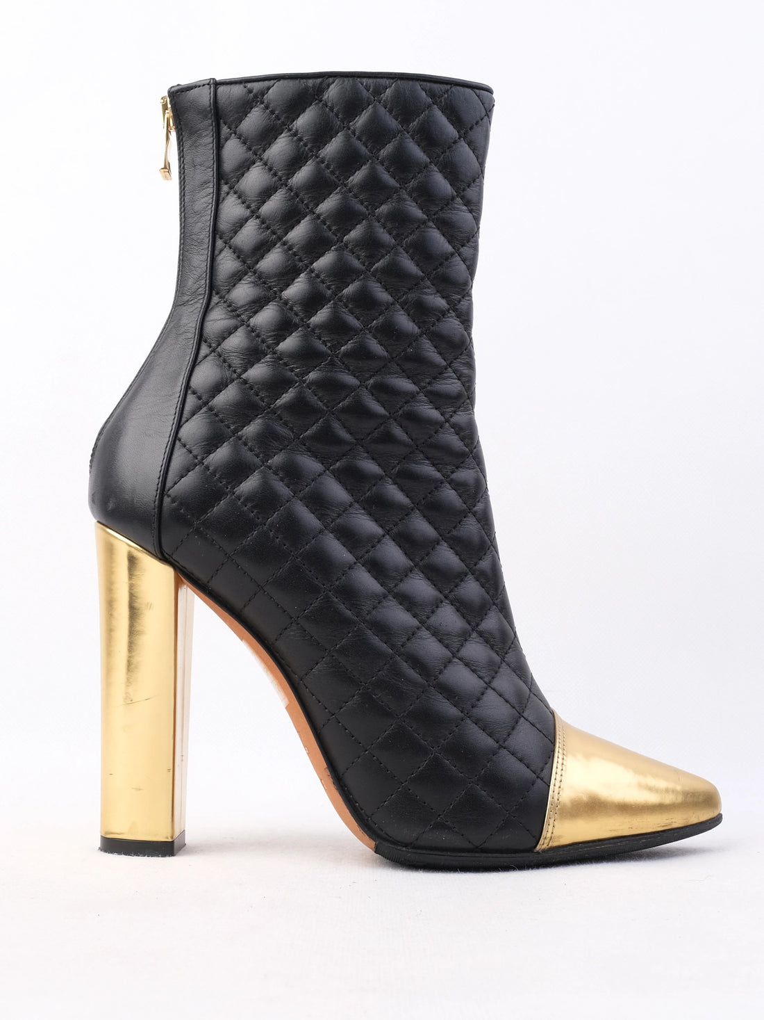Excellent Balmain Black Leather Ankle Boots with Gold Accents, Size 39