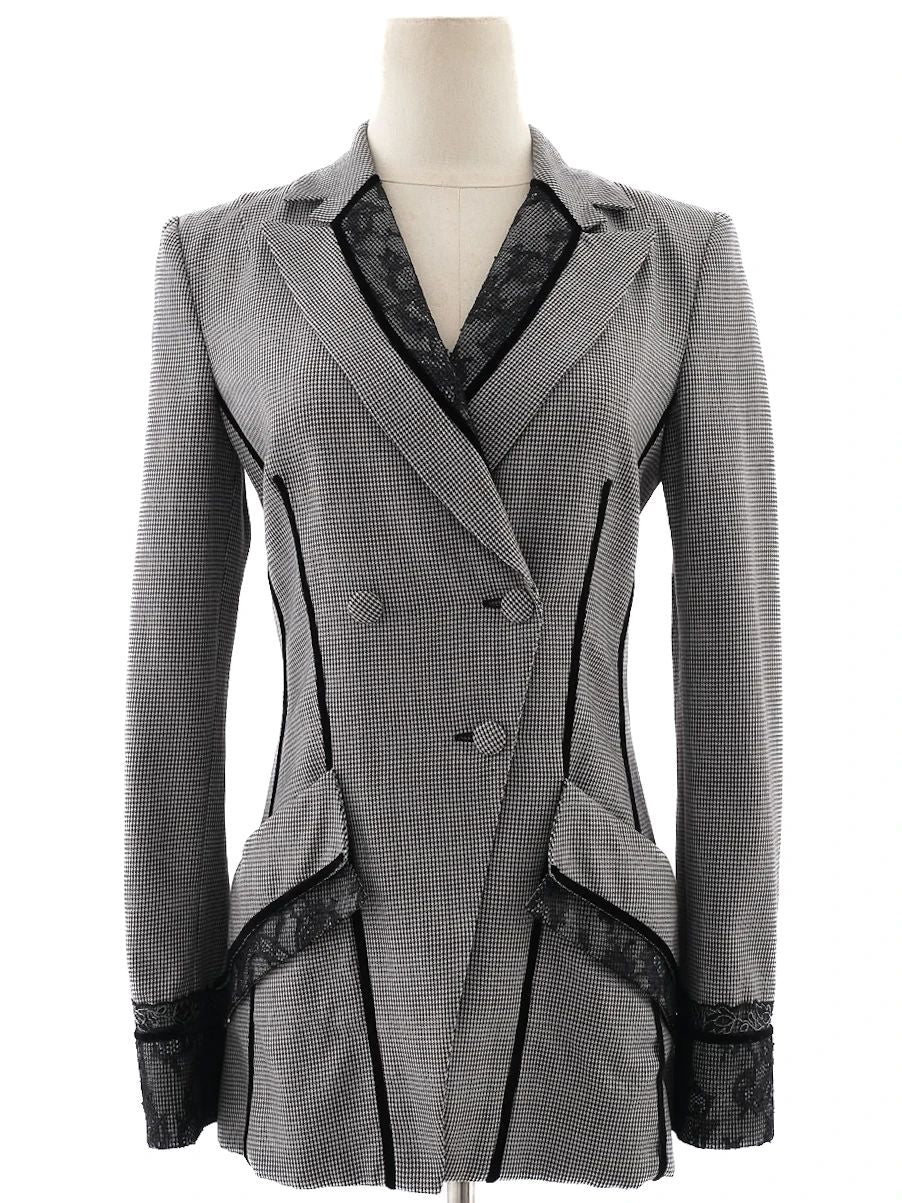 Excellent Gray Houndstooth Wool Blazer with Lace Detail Size S