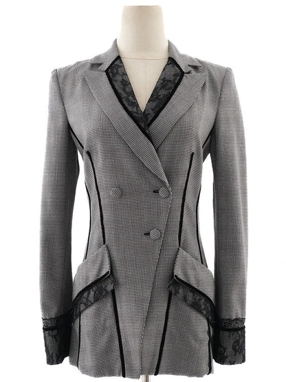 Excellent Gray Houndstooth Wool Blazer with Lace Detail Size S