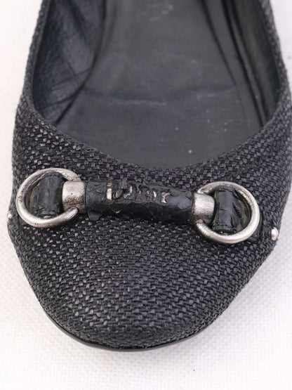 Excellent Dior Black Leather Ballet Flats with Metallic Detail