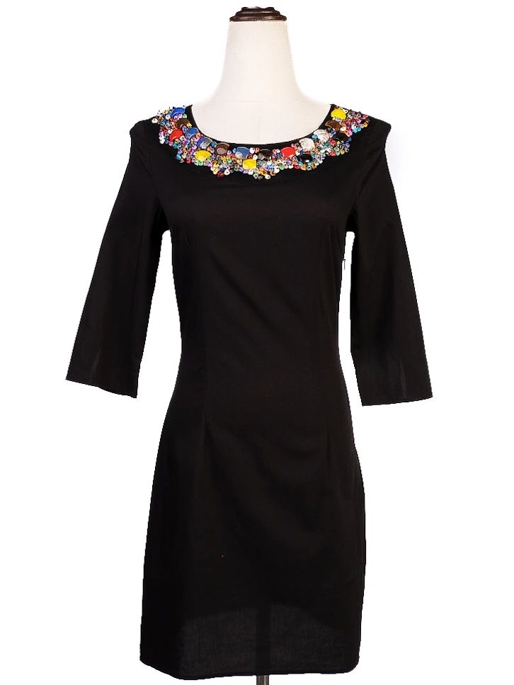 Excellent DKNY Black Cotton Dress XS with Colorful Embellished Neckline