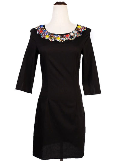 Excellent DKNY Black Cotton Dress XS with Colorful Embellished Neckline