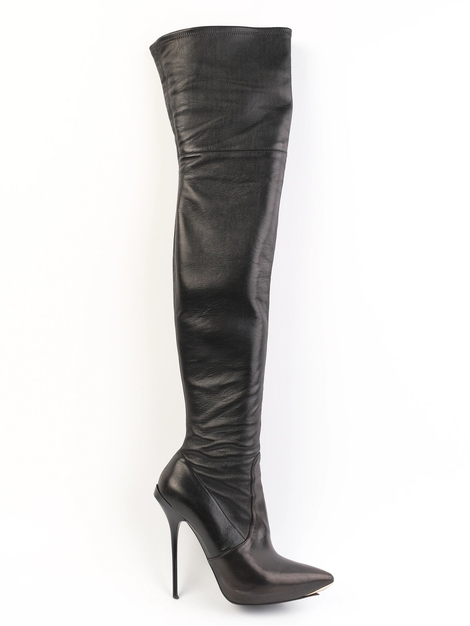 Gianmarco Lorenzi Black Leather Thigh-High Stiletto Boots Size 38