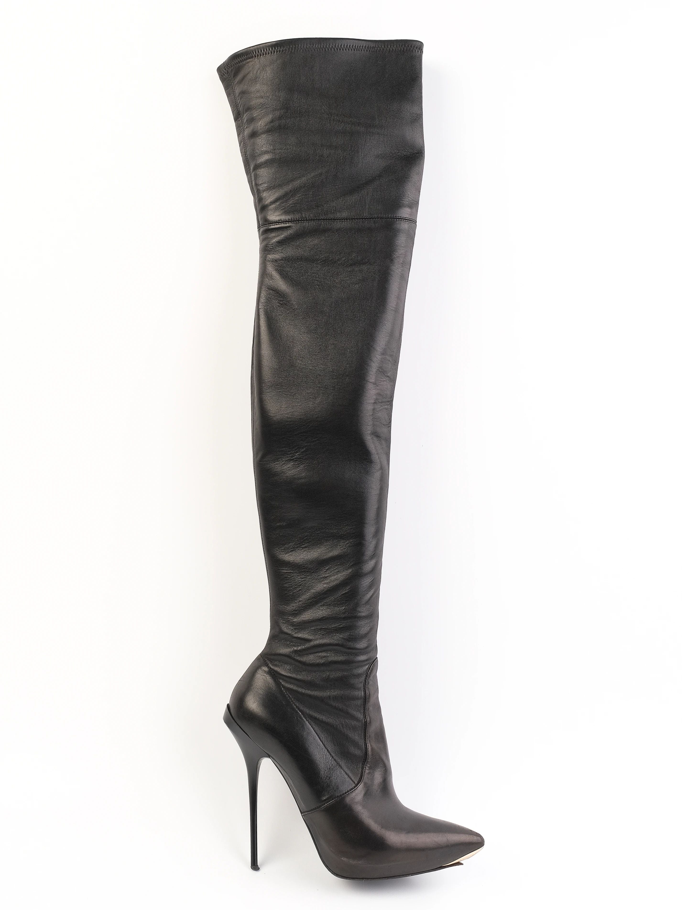 Gianmarco Lorenzi Black Leather Thigh-High Stiletto Boots Size 38