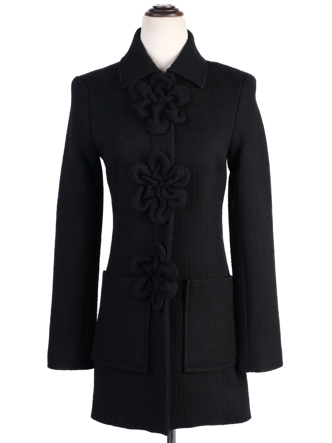 Excellent Anne Fontaine Black Wool Coat with Floral Embellishments