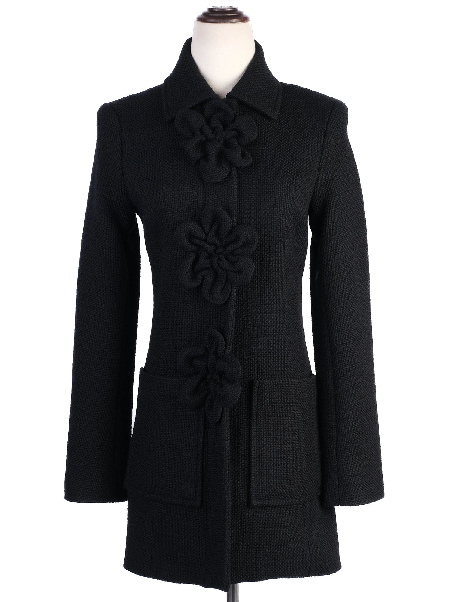 Excellent Anne Fontaine Black Wool Coat with Floral Embellishments
