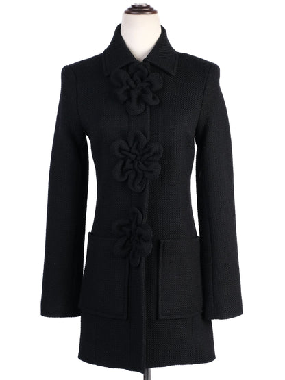 Excellent Anne Fontaine Black Wool Coat with Floral Embellishments