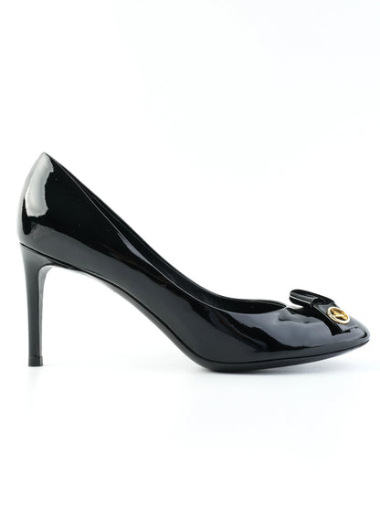 Excellent Louis Vuitton Black Patent Leather High-Heeled Shoes with Bow