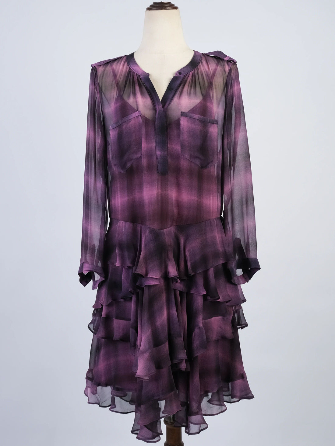 Excellent Rebecca Taylor Pink Silk Dress XL Sheer Long Sleeve V-Neck