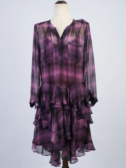 Excellent Rebecca Taylor Pink Silk Dress XL Sheer Long Sleeve V-Neck