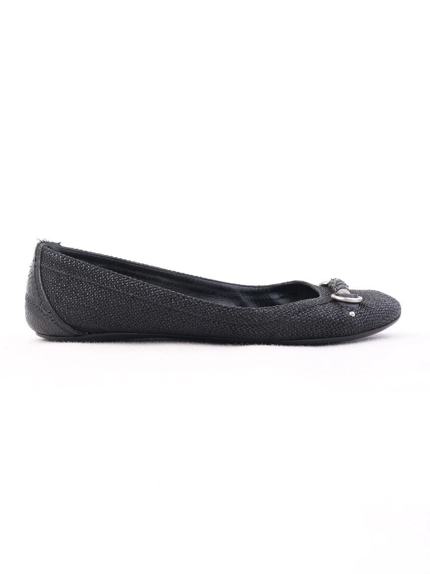 Excellent Dior Black Leather Ballet Flats with Metallic Detail