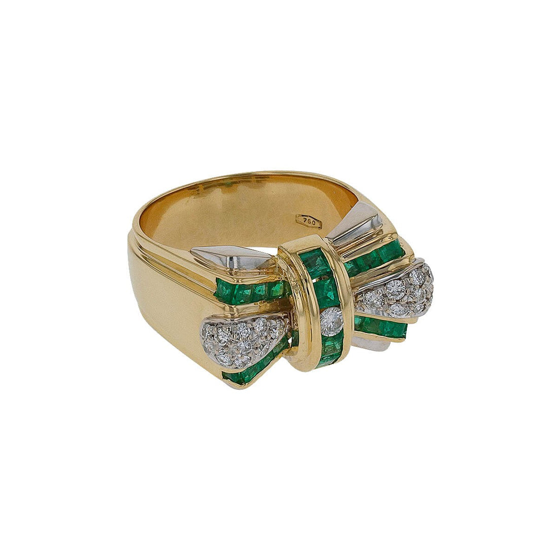 Emeralds, diamonds and two tones gold ring
