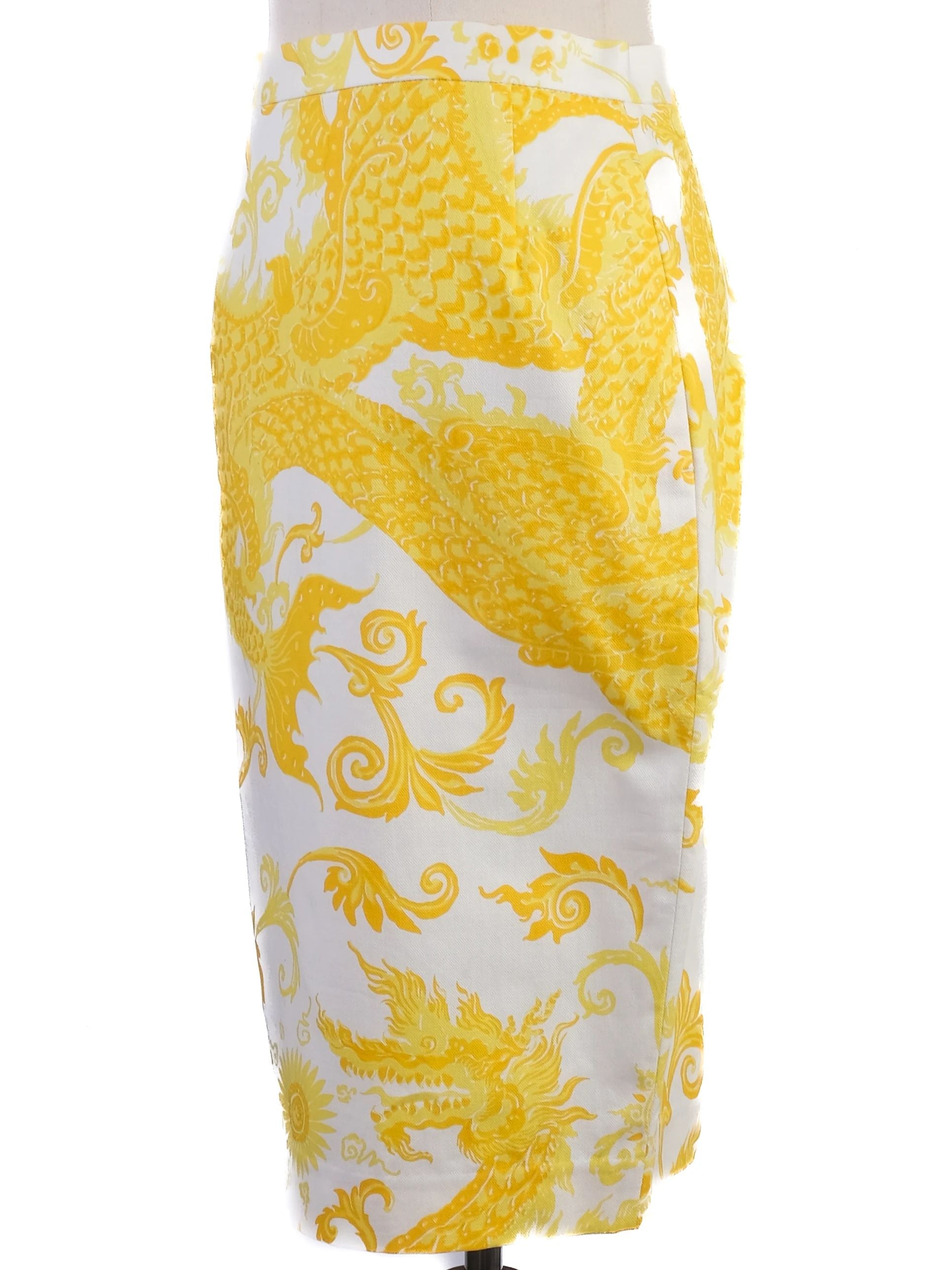 NEW By Malene Birger Yellow &amp; White Pencil Skirt XS Dragon Pattern