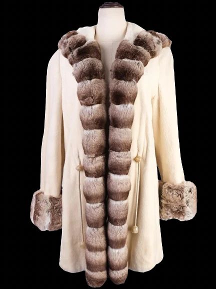 Excellent Yves Salamon White Fur Coat with Brown Trim Size M