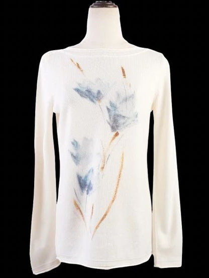 Excellent Loro Piana White Cashmere Sweater Size S Floral Design
