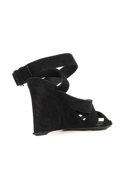 Excellent Louis Vuitton Black Suede Wedge Sandals Size 36.5