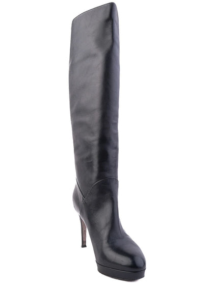 Excellent Prada Black Leather Knee-High Heeled Boots Size 37.5