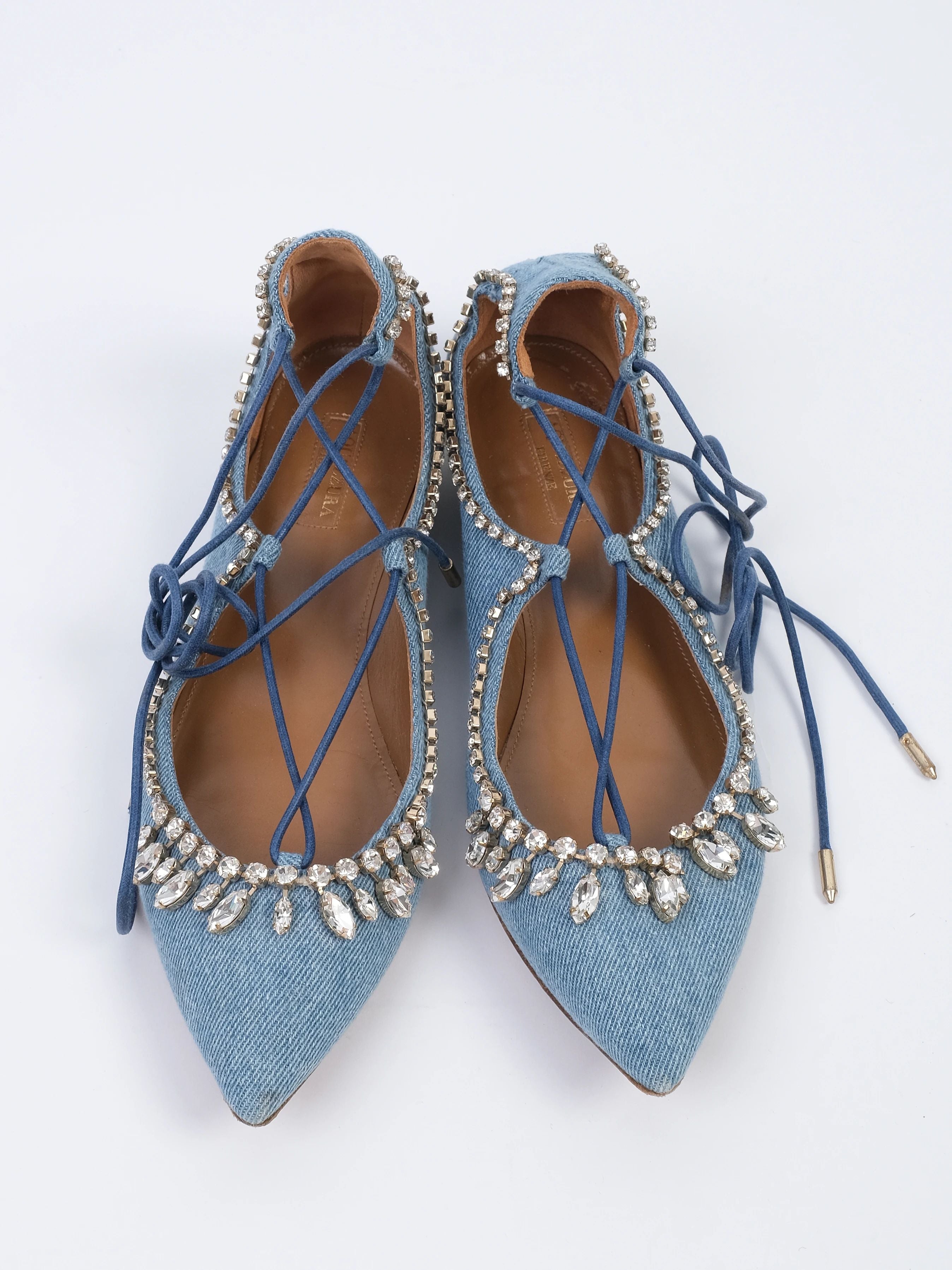 Excellent Aquazzura Blue Lace-Up Denim Ballet Flats with Rhinestones