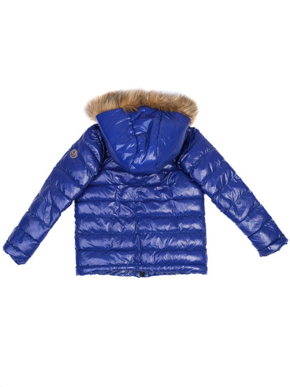 Excellent Moncler Blue Puffer Jacket with Fur-Lined Hood for Kids Size 11