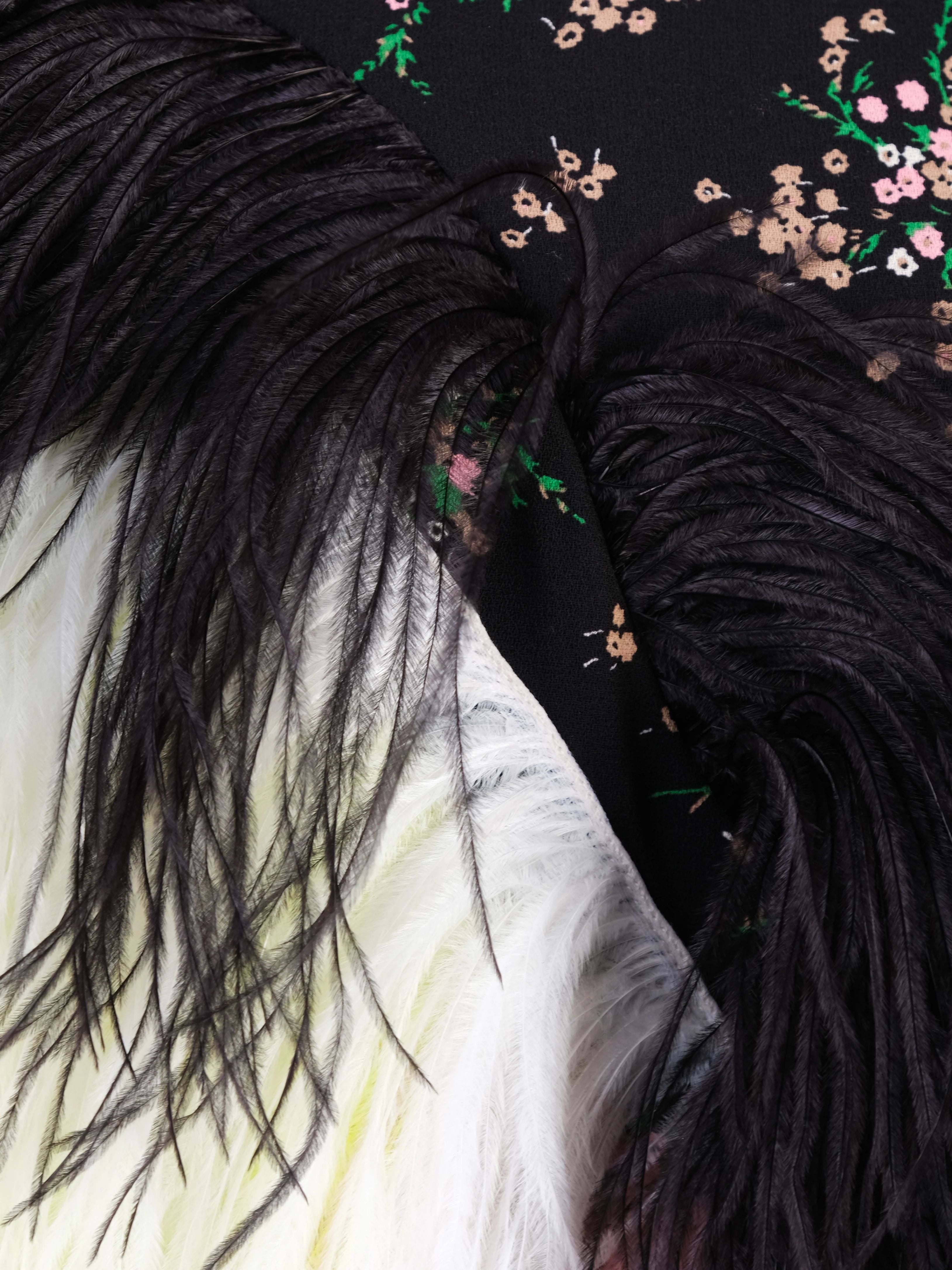 Excellent MSGM Black Floral Dress with Feather Embellishments Size XL