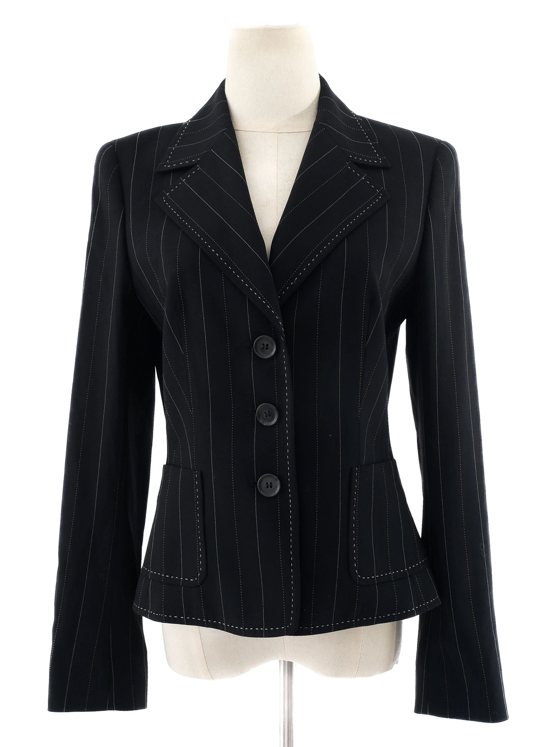 Excellent Escada Black Wool Pinstripe Blazer Size S