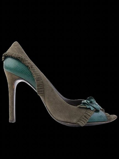 EXCELLENT Valentino Green Stiletto Heels Leather Open Toe Floral Embellishment