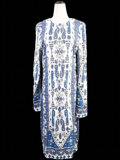 Excellent Tory Burch Blue &amp; White Geometric Dress Size L
