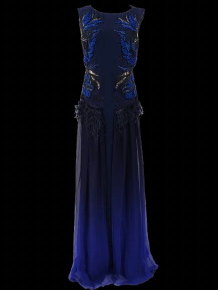 Excellent Dark Blue Silk Gown with Floral Embellishments