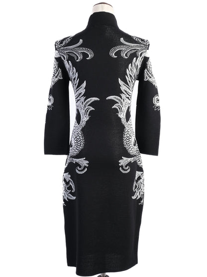Excellent Roberto Cavalli Black Knit Dress M with Intricate White Patterns