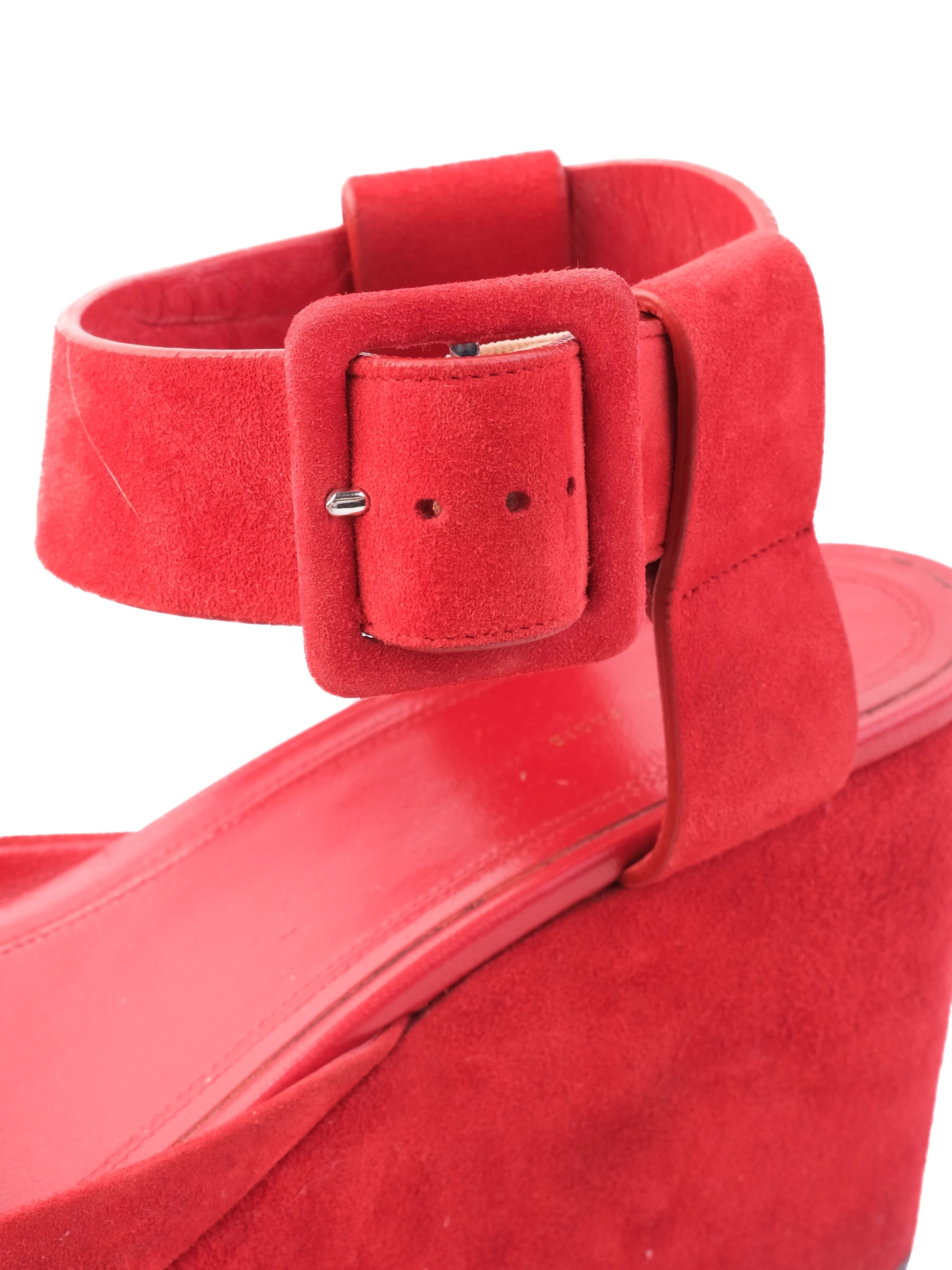 Celine Red Genuine Suede Platform Sandals Size 38 Perfect Condition