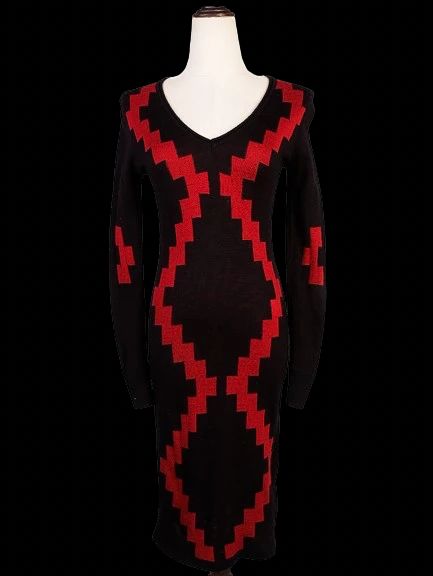Excellent Diane von Furstenberg Black Wool Dress XS with Red Zigzag Pattern