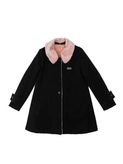 Excellent N21 Black Wool Coat with Pink Faux Fur Collar, Size XL